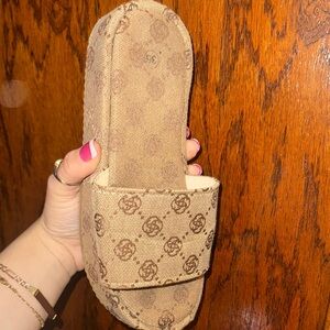 Brown Patterned stacked Slide Sandals